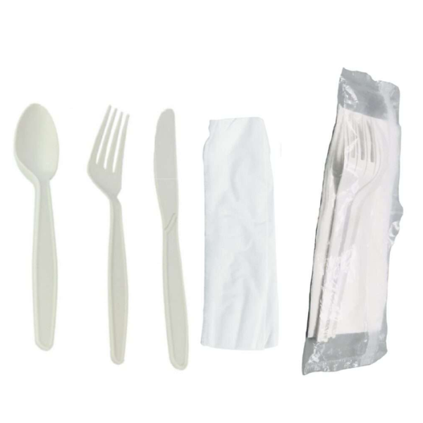PLA Cutlery Set with Napkin in PLA Pouch